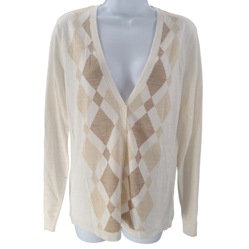 New York & Co Cardigan Argyle White Large - Picture 3 of 11